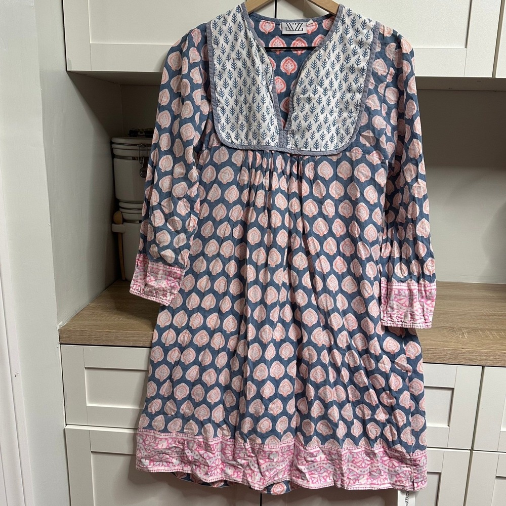 SZ Blockprints Dress Womens S Blue Pink Cotton Block Print Lightweight Resort
